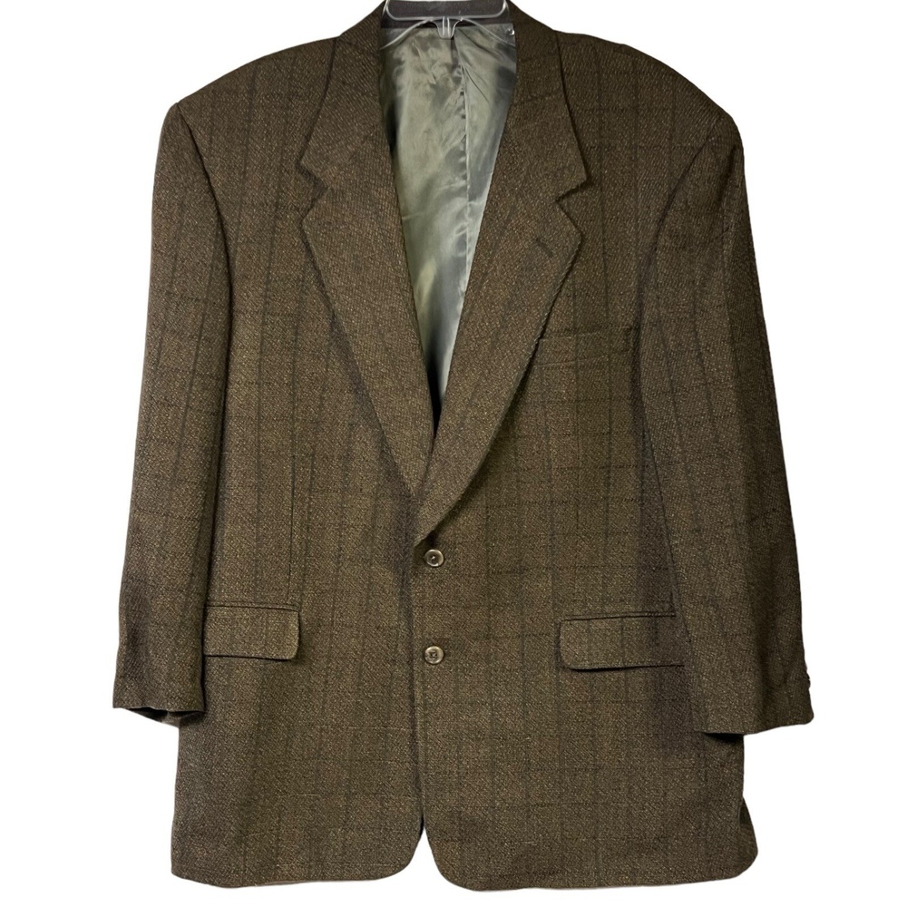 Pinstripes Jacket 44R Brown Plaid Sport Coat Notch Lapel Patch Pocket Classic‎